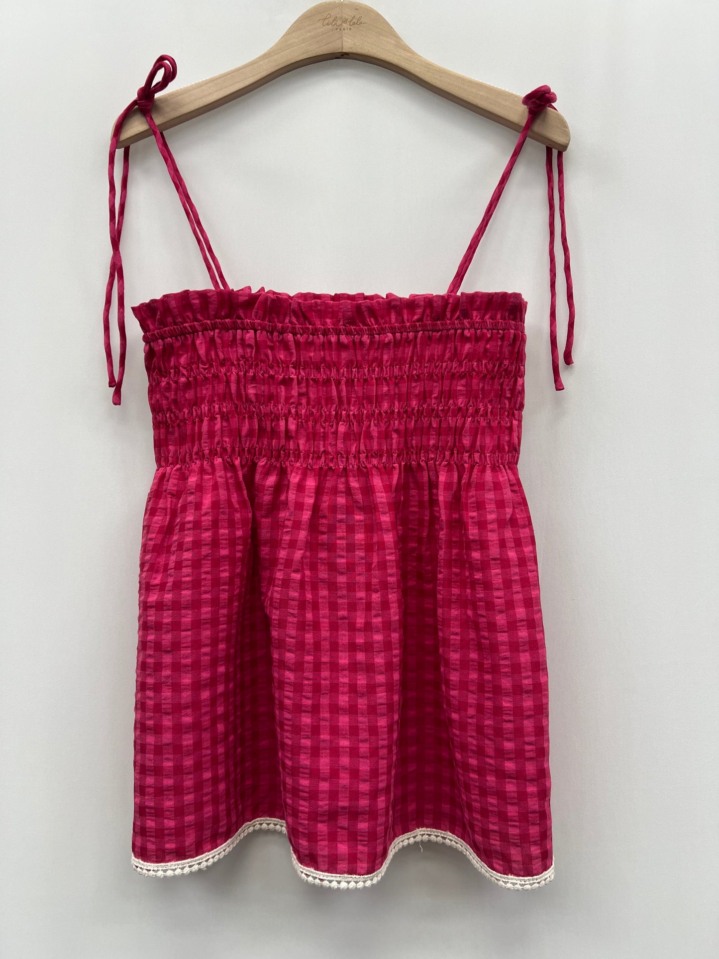 Tilly pink gingham lace trim top