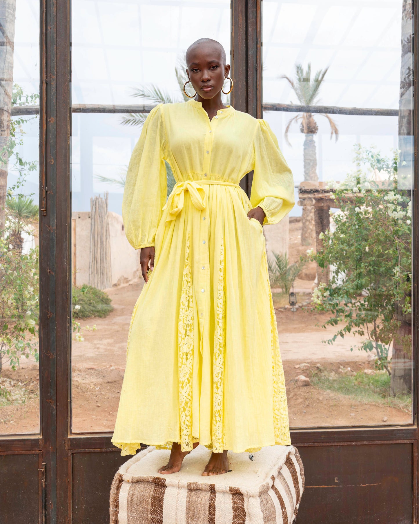 Amara yellow puff sleeve long lace dress