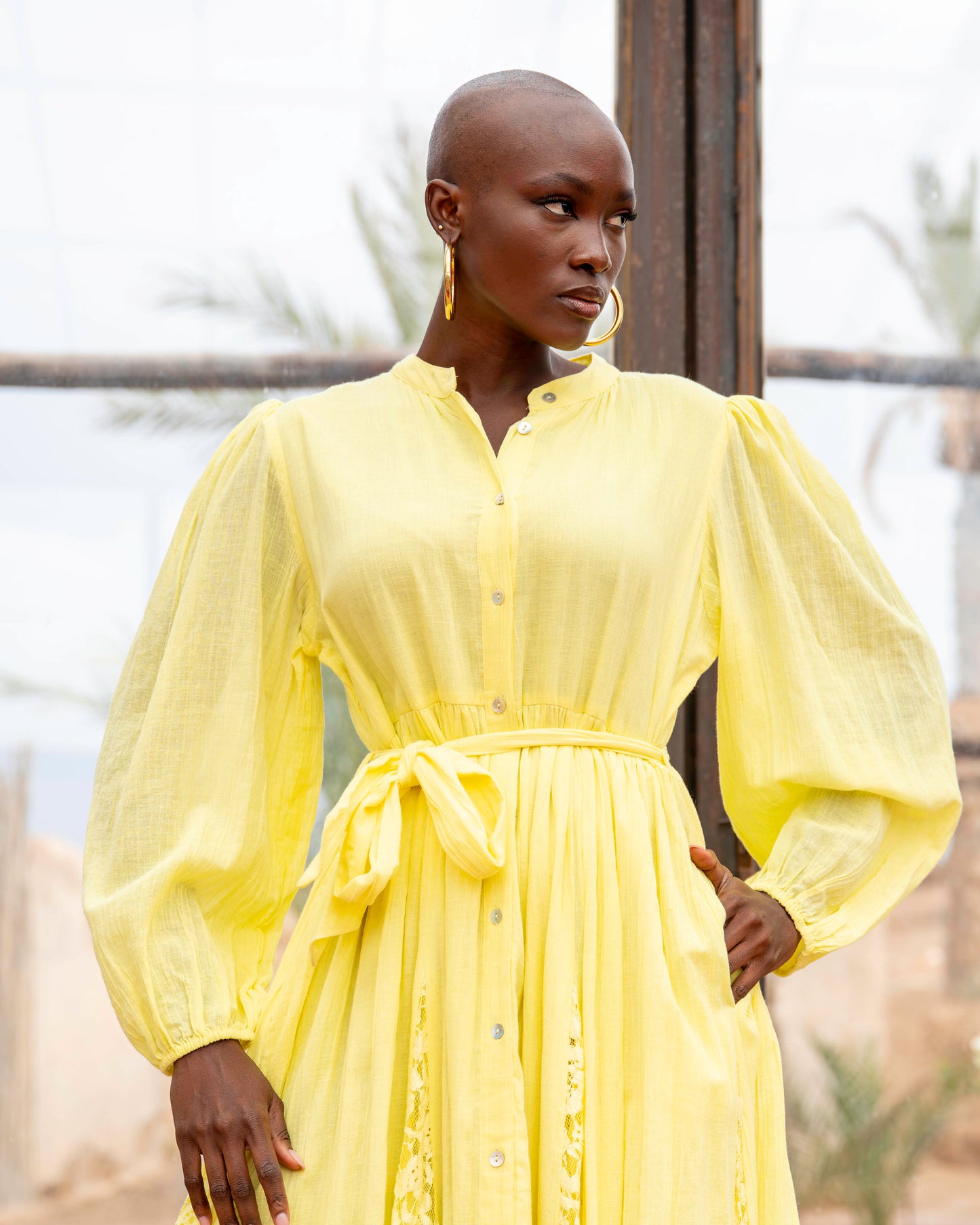 Amara yellow puff sleeve long lace dress