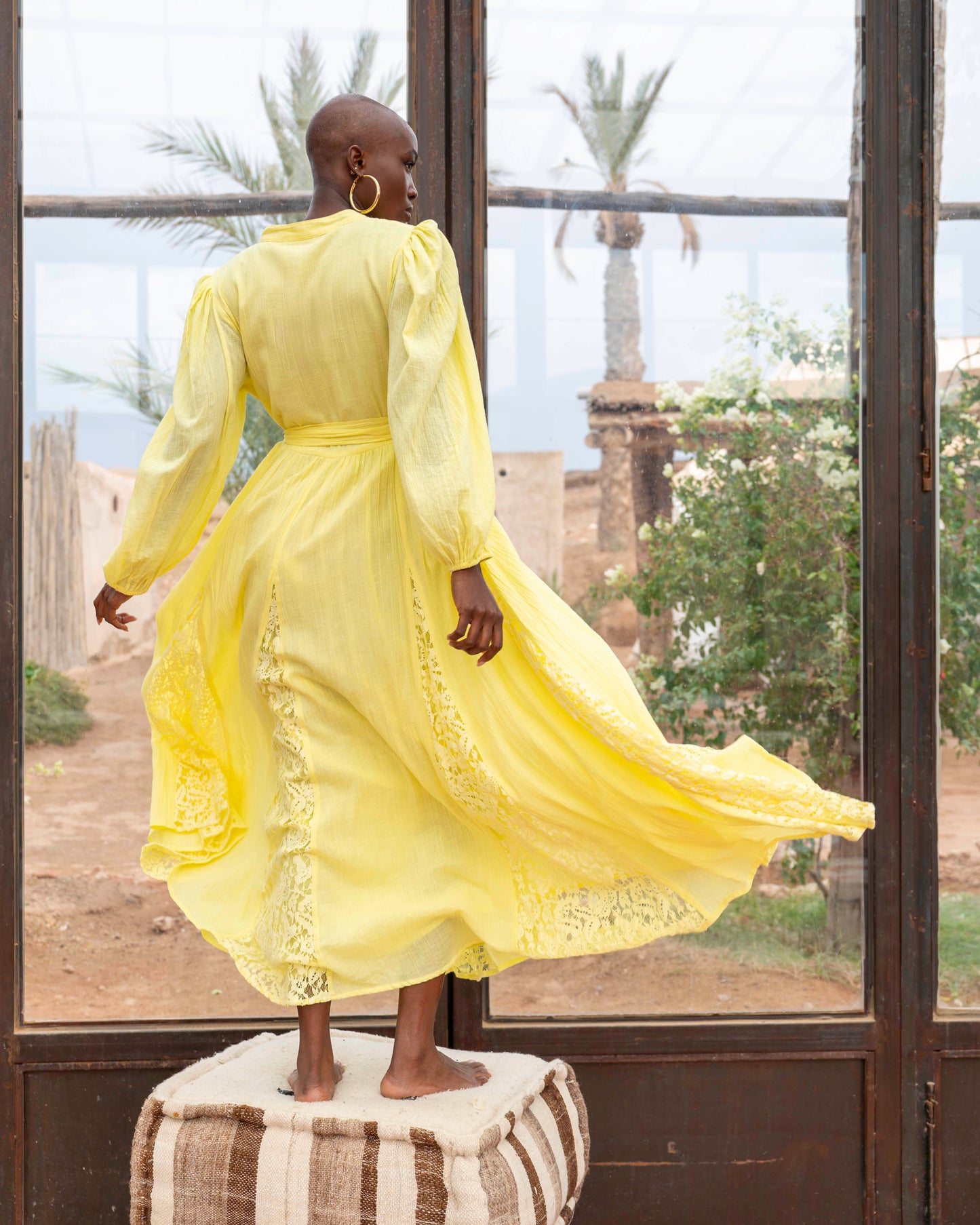 Amara yellow puff sleeve long lace dress