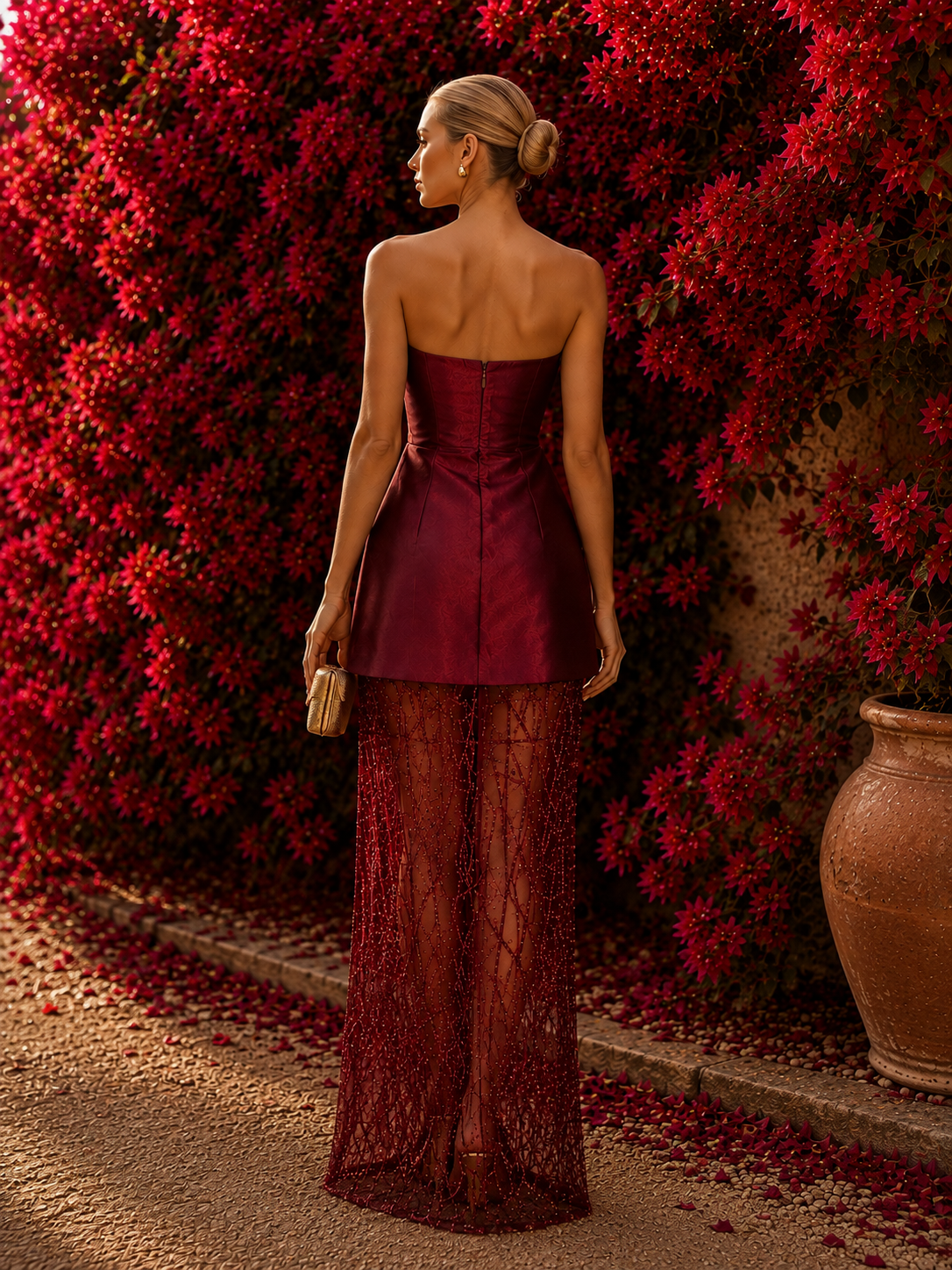 Caoimhe burgundy strapless dress sequin skirt