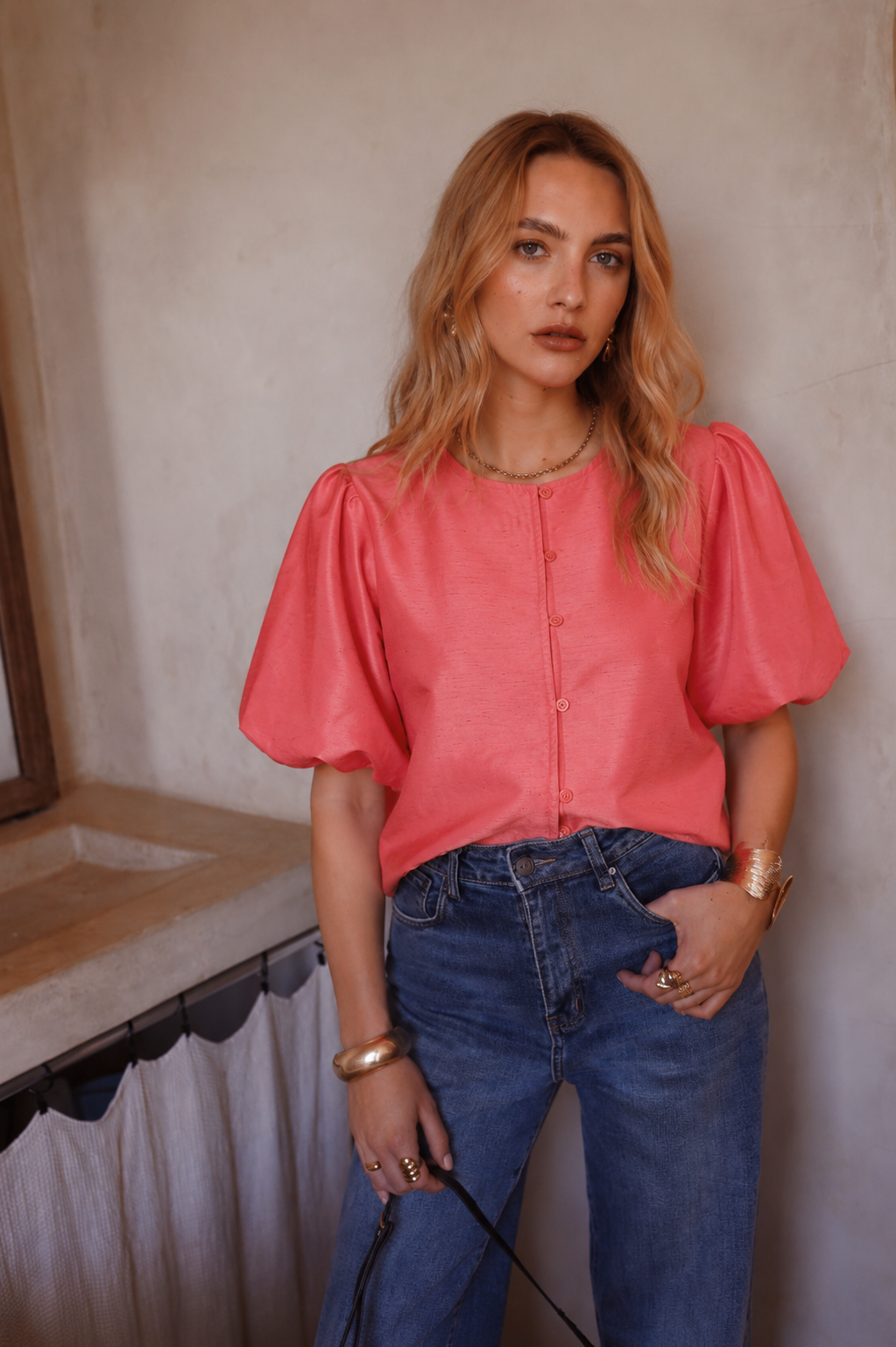 Eleanor coral puff sleeve top jacket