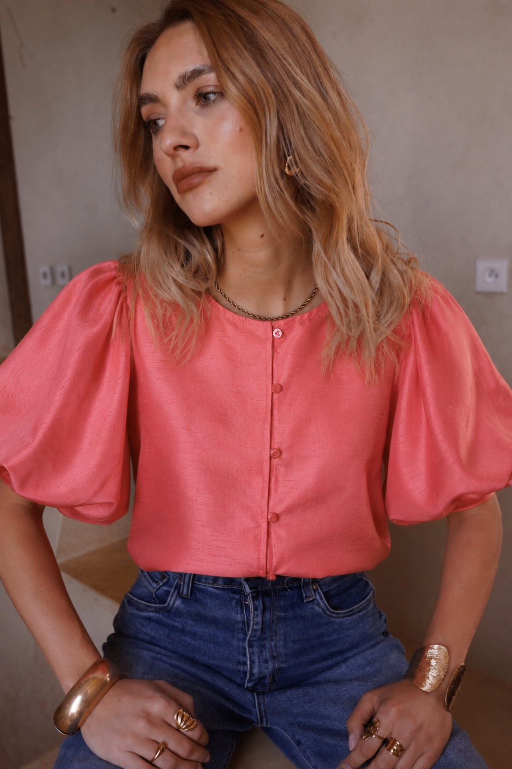 Eleanor coral puff sleeve top jacket
