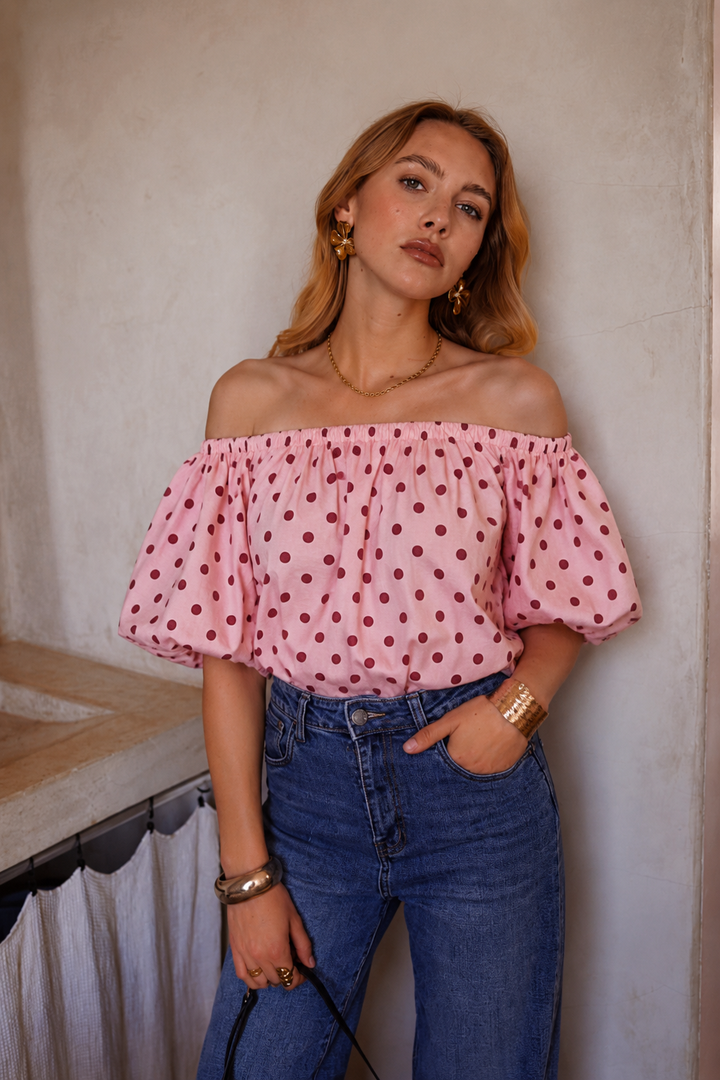 Pippa pink polka dot strapless top
