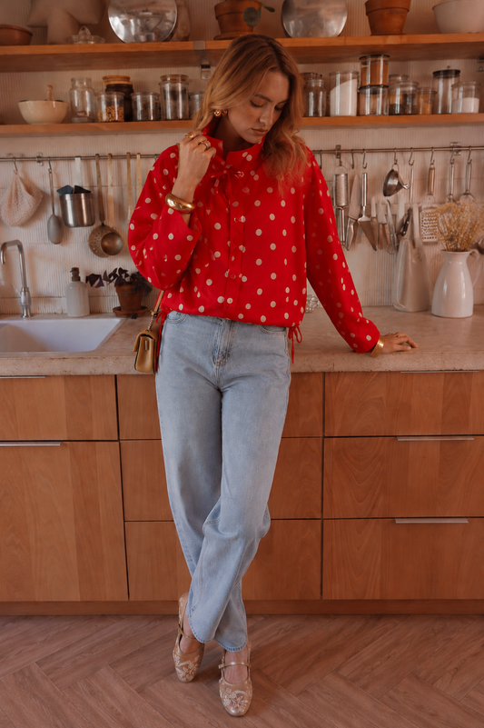 Maggie red polka dot funnel rain jacket