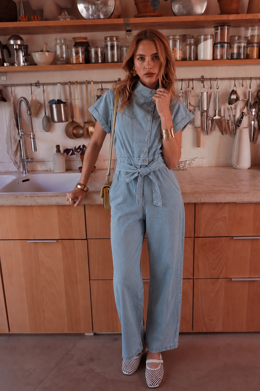 Sienna cap sleeve washed blue jumpsuit