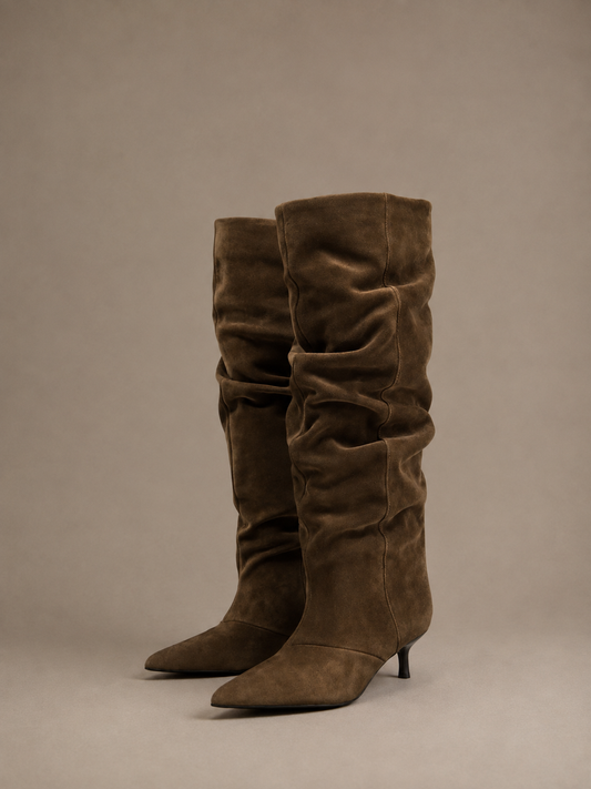 Brown suede slouchy knee high boots