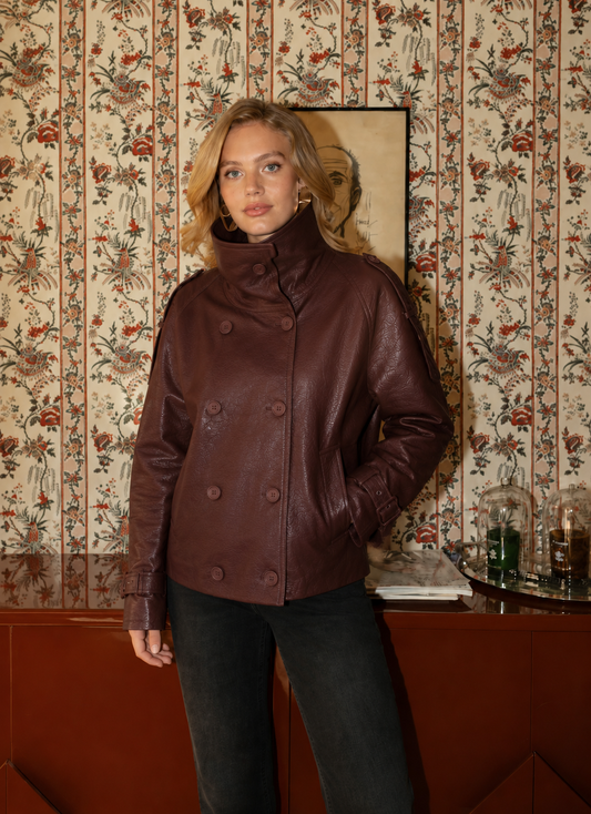 Margot burgundy leather funnel neck jacket
