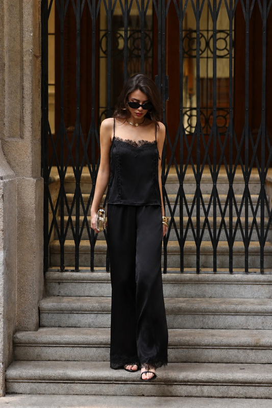 Kate black satin lace trousers