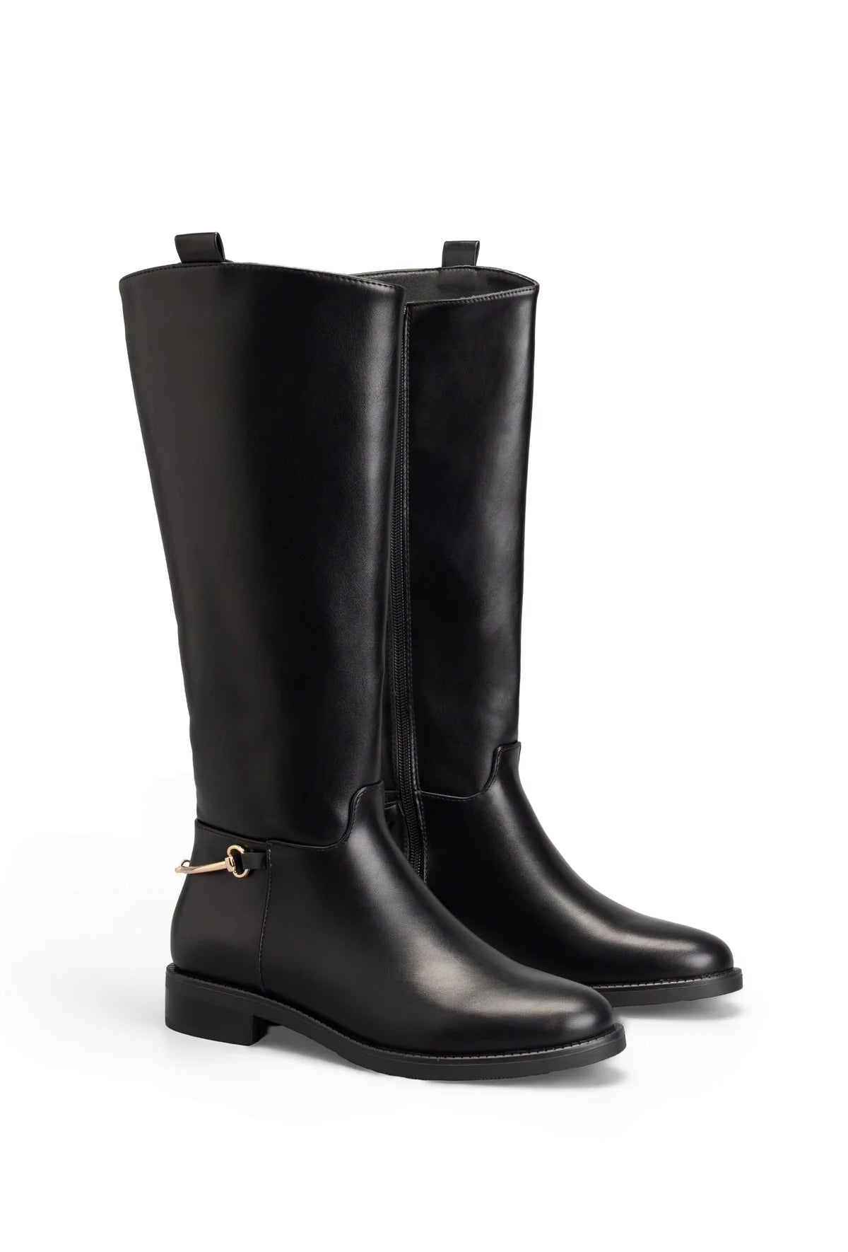 Black leather buckle knee high boots