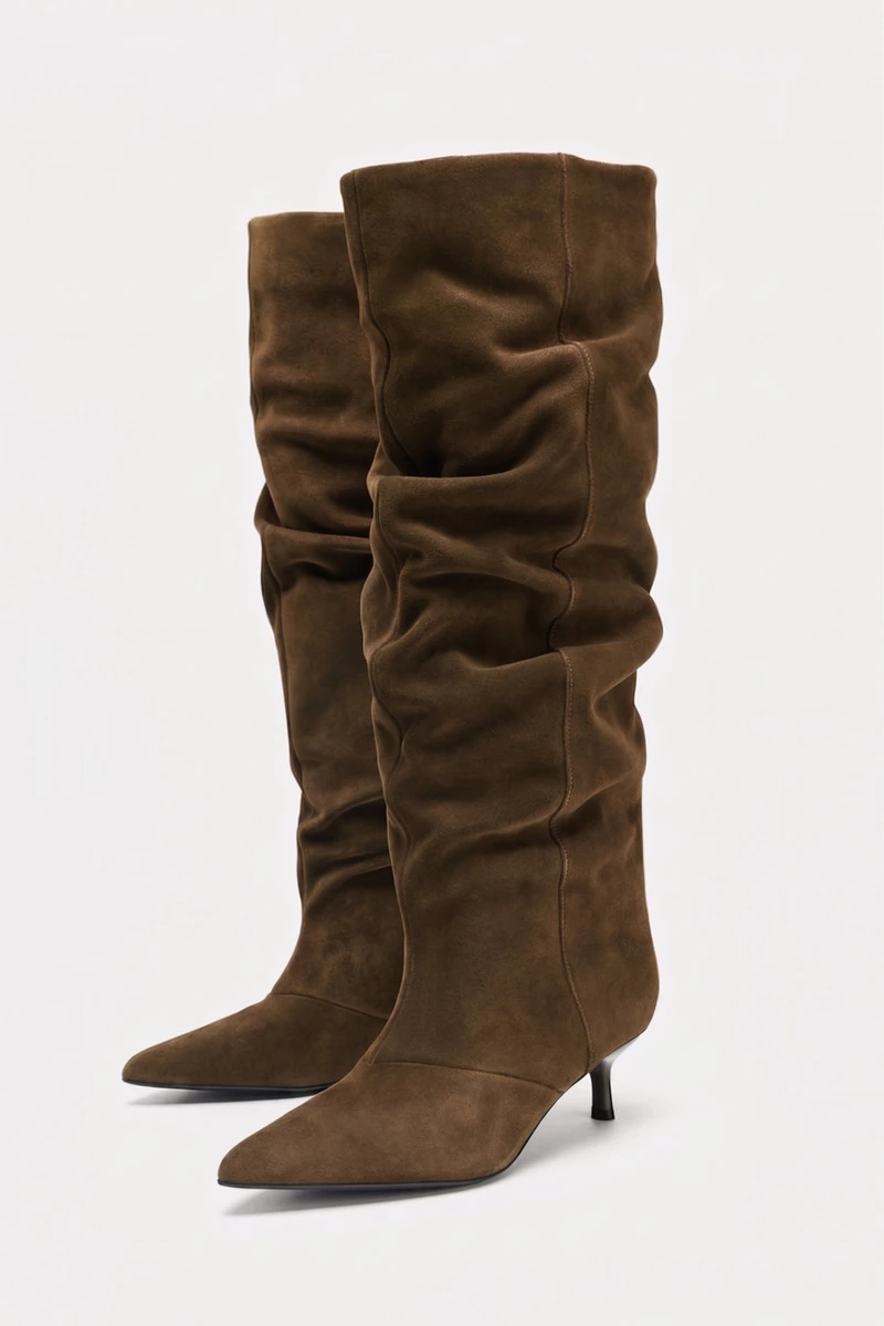 Brown suede slouchy knee high boots