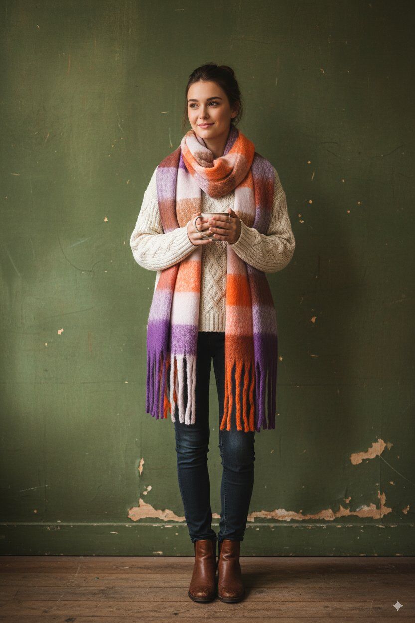 Fluffy plaid pinks wool scarf