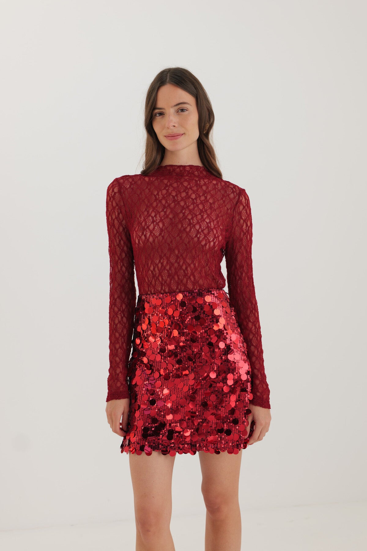 Holly burgundy sequin disc mini skirt