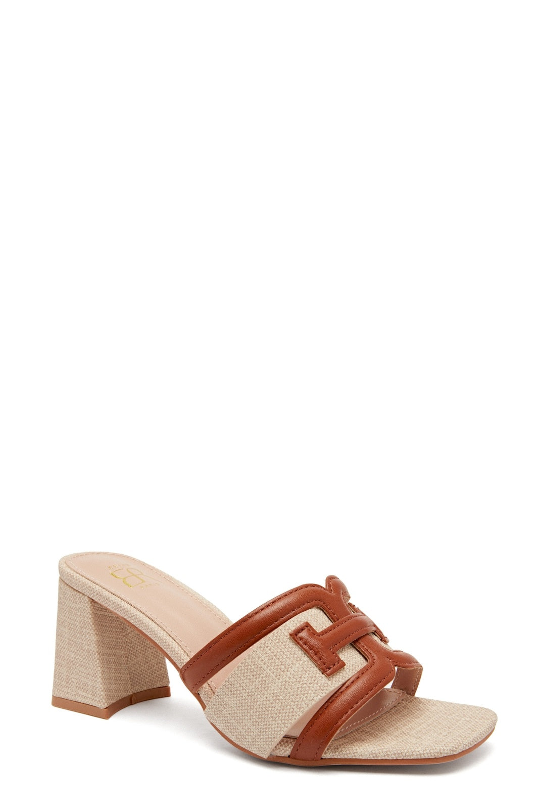 Beige and tan block heel sandals