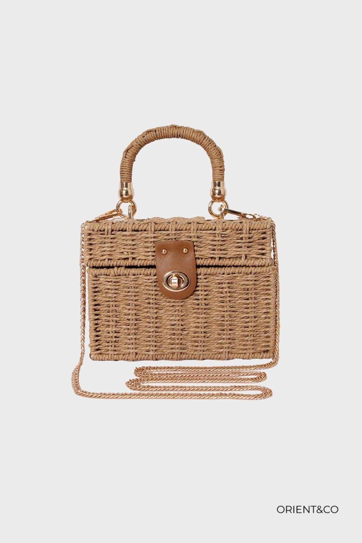Rattan straw square handbag with strap