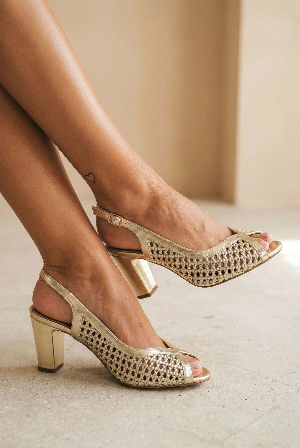 Gold braided block heel sandals