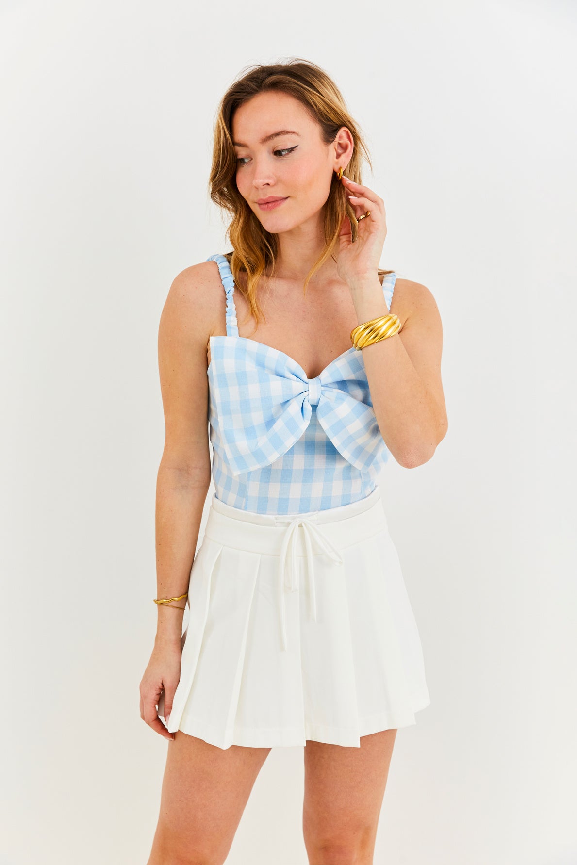 Ellie blue gingham bow strappy top