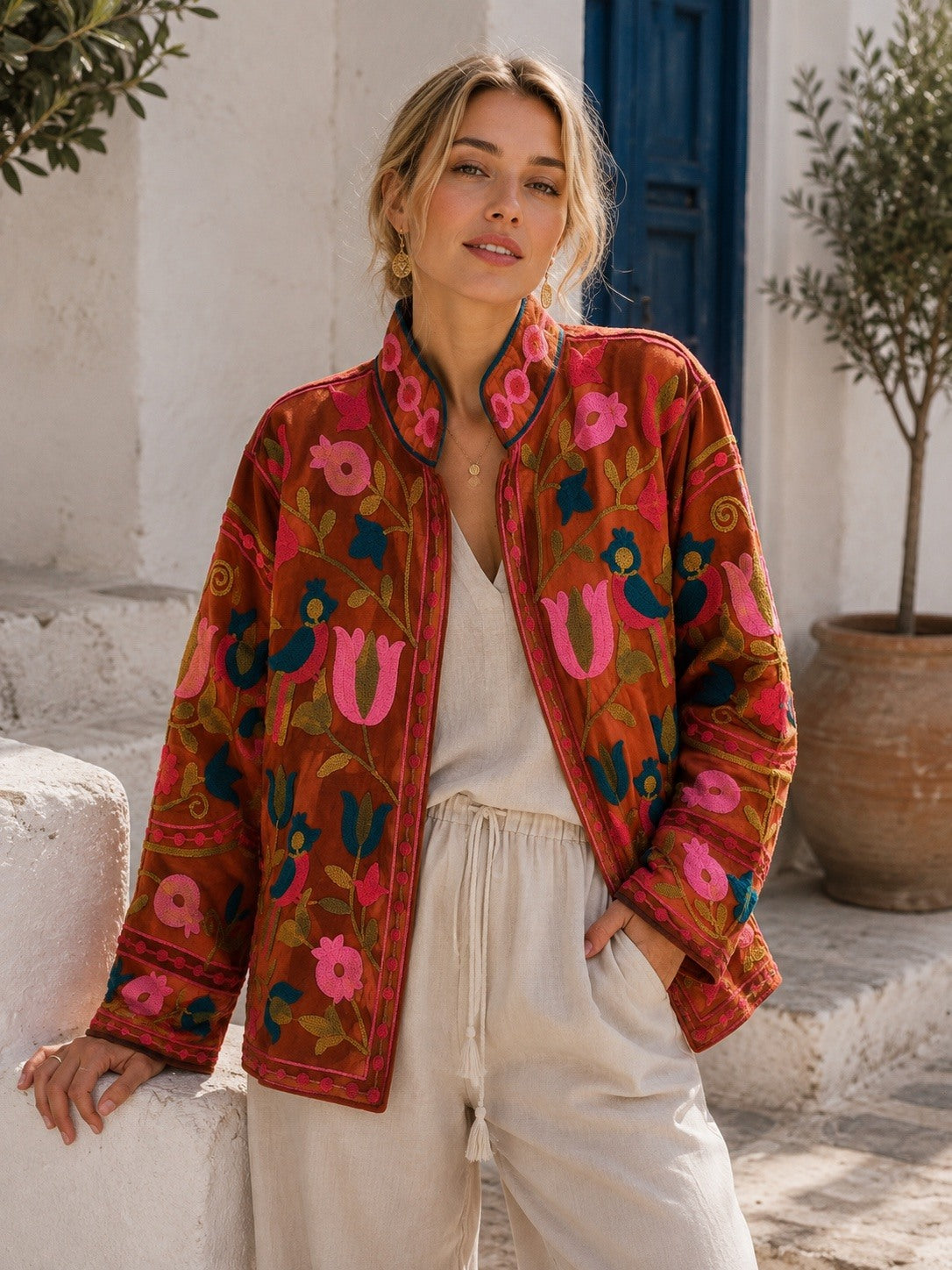 Suzani rust and pink embroidered jacket